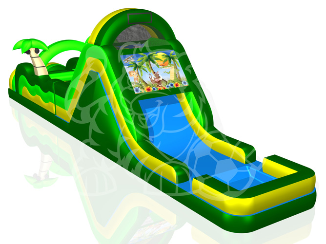 60' Tropical Island Double Lane Obstacle Course Bounce House Waterslide